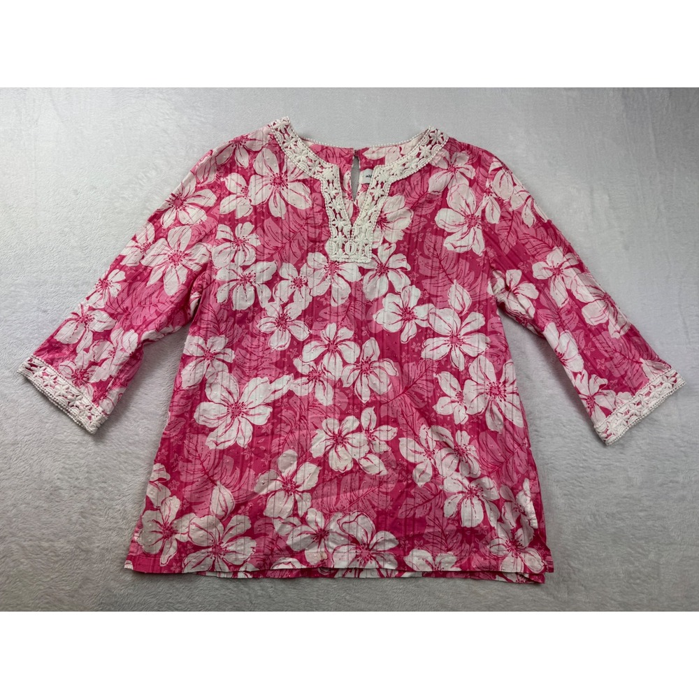 Alfred Dunner Pink Floral Cotton Blouse Crochet Lace Trim Tropical Top Womens 14